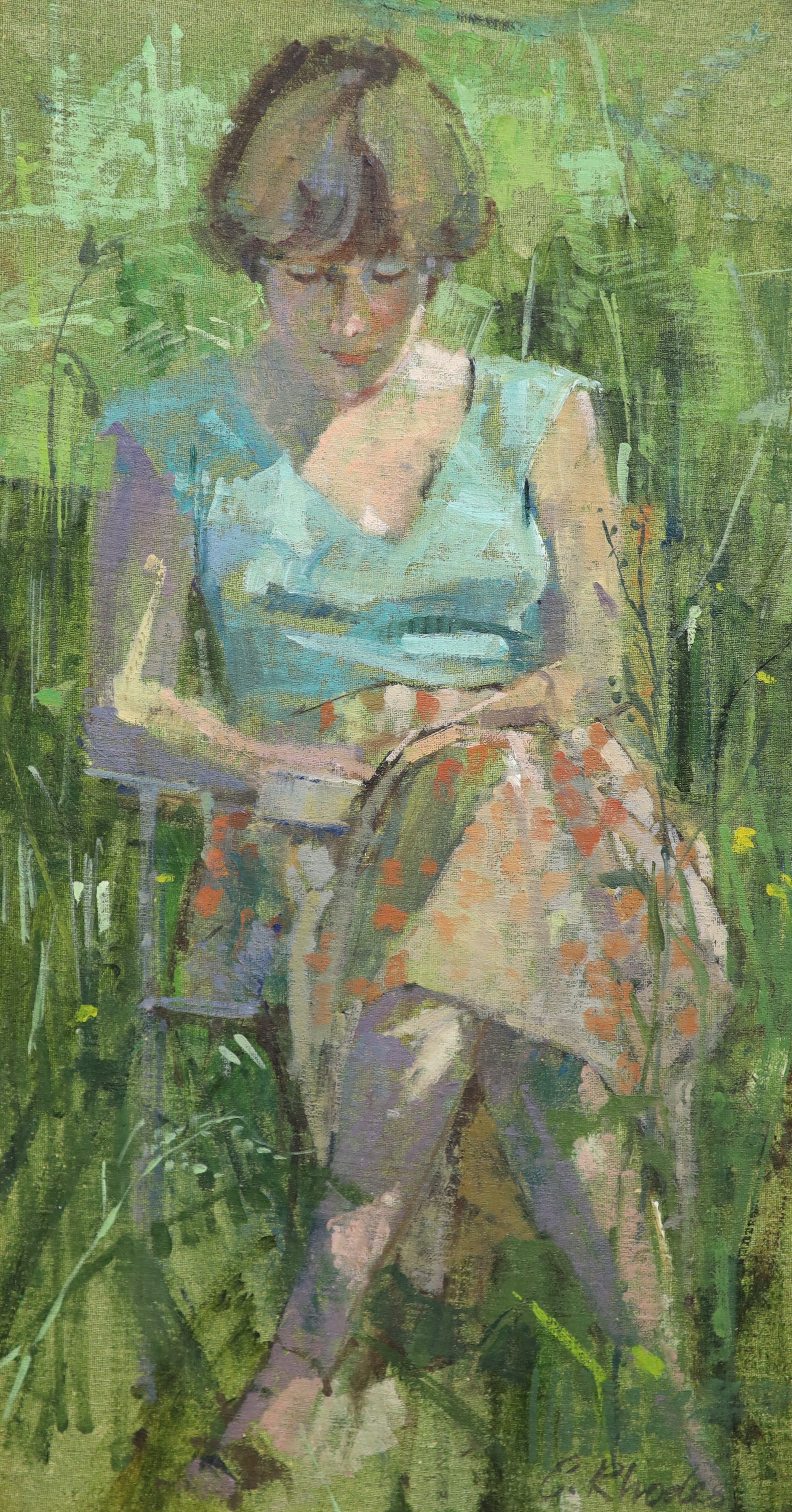 Carol Rhodes (Scottish, b.1959), oil on fabric laid on board, Woman reading in a meadow, signed 31.5 x 17cm